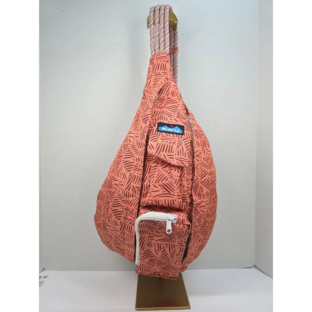 KAVU Rope Bag Sling Backpack Coral Leaf Print Canvas Crossbody Shoulder Bag